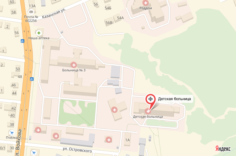 Схема ЯндексКарты с проездом к пятиэтажному корпусу Детской больнице округа Муром